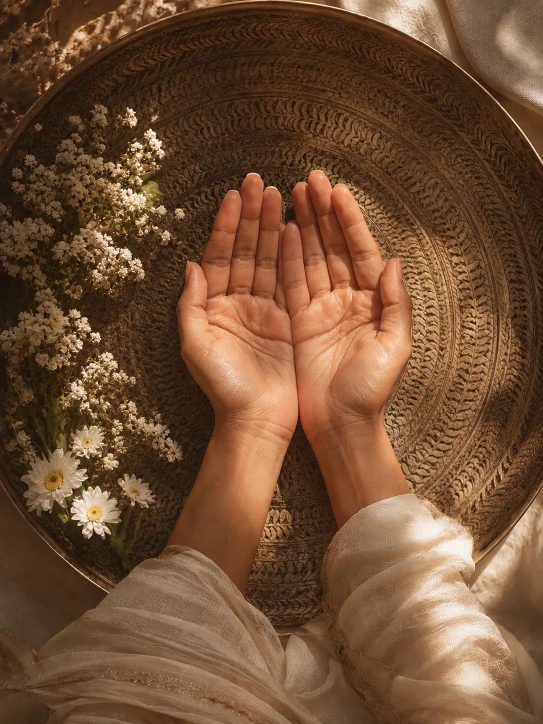 Cupped hands offering flowers