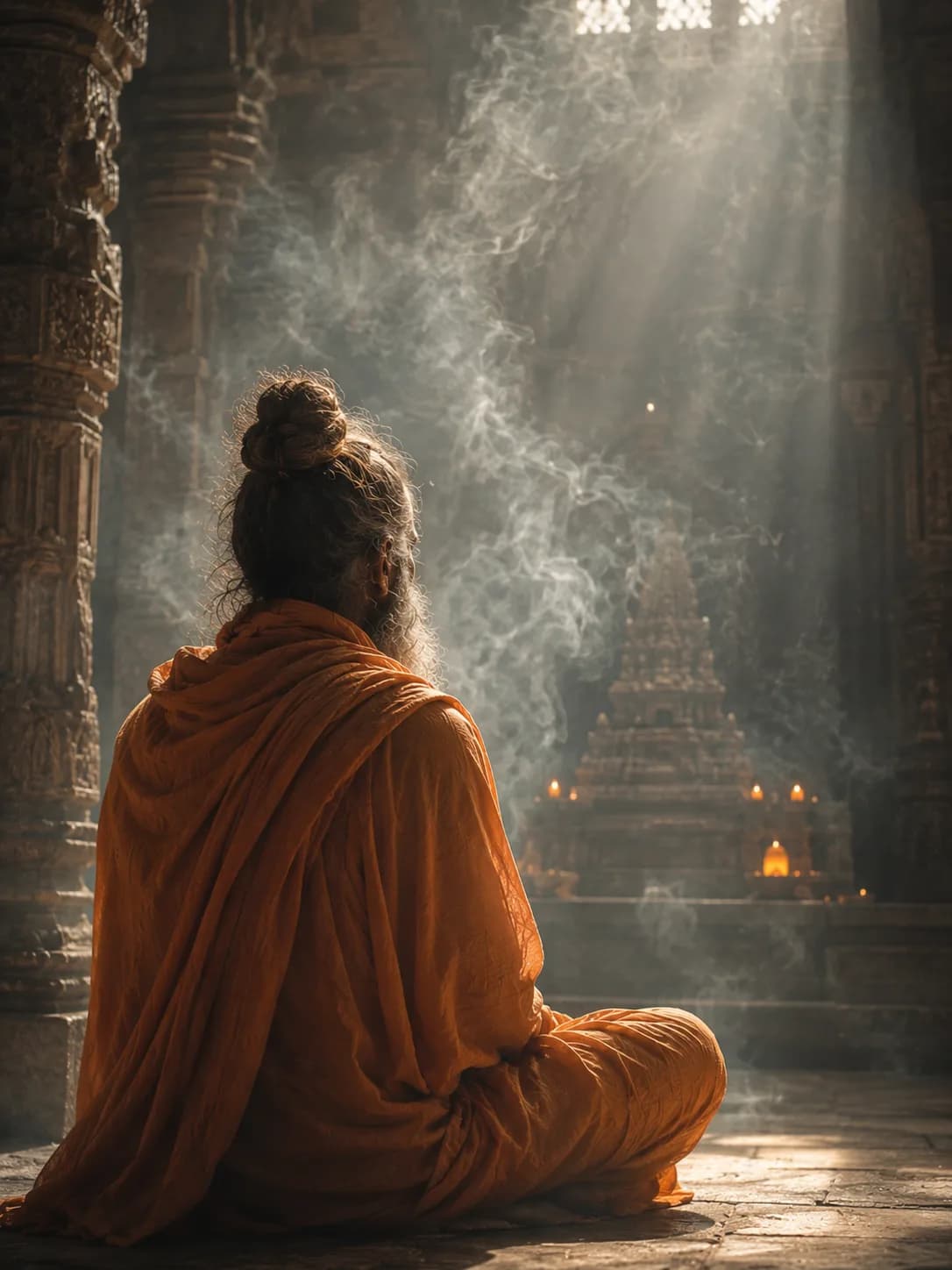 A sadhu in meditation before a temple shrine