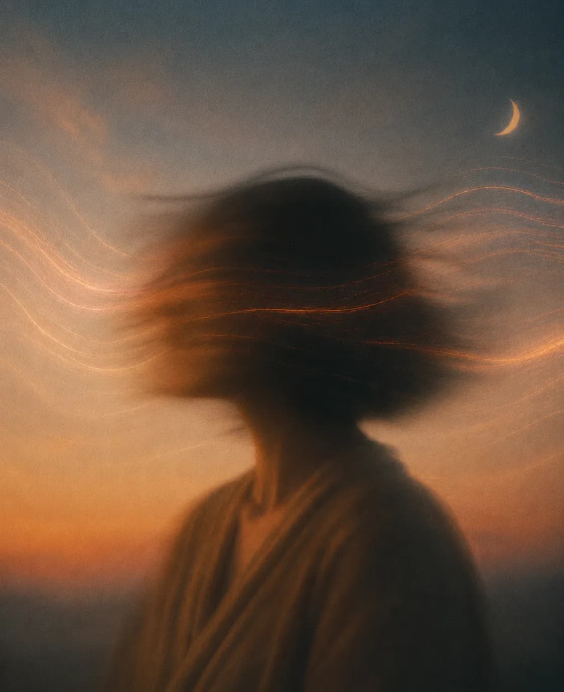Silhouette of a woman with wind-blown hair at twilight
