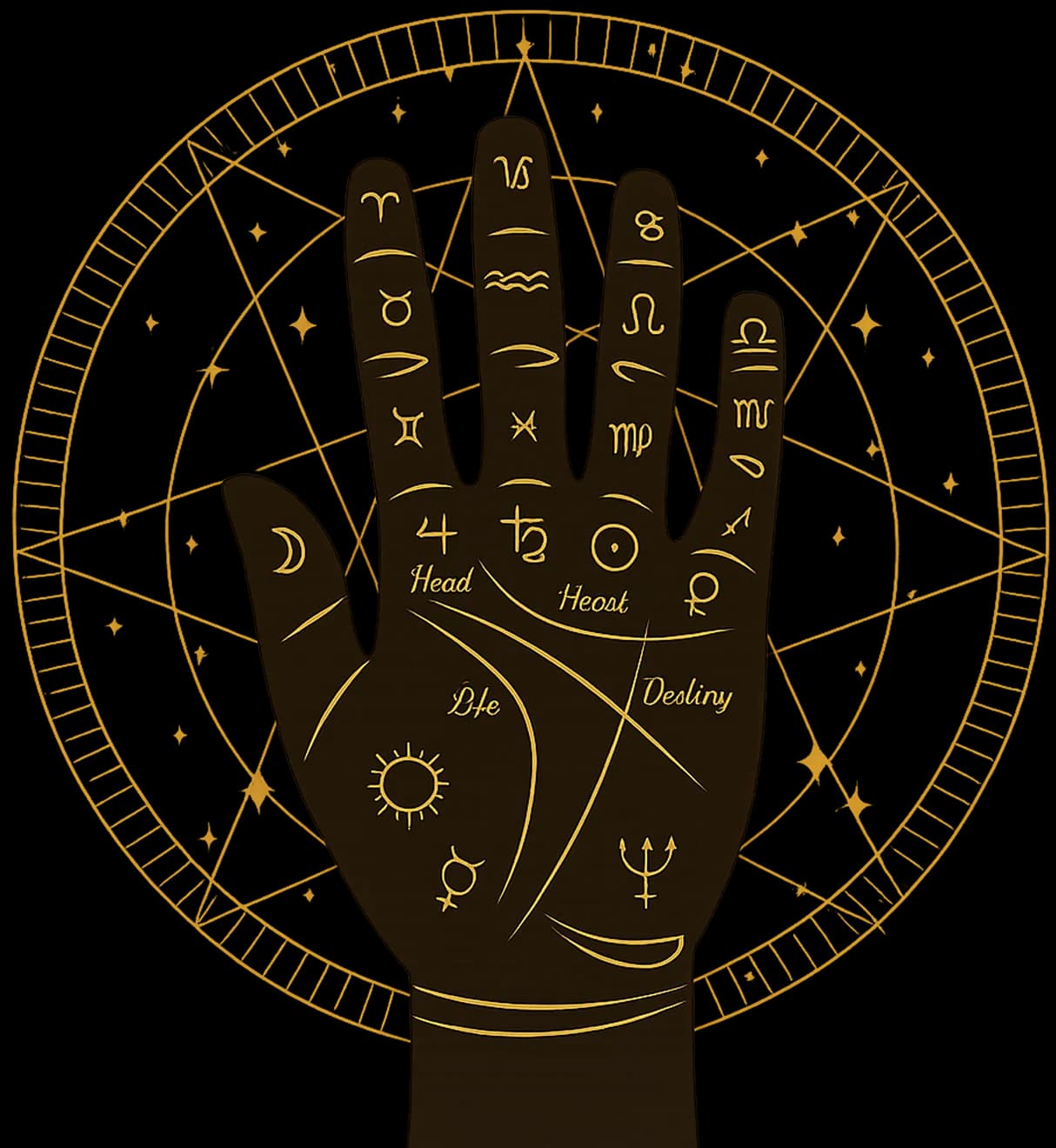 Illustrated palm with astrological signs and palm lines